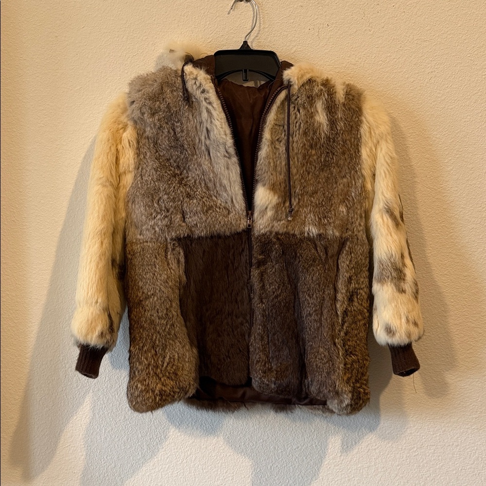 Handmade genuine rabbit fur jacket with patchwork design